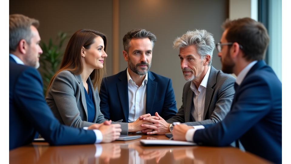 A diverse group of senior healthcare executives in a strategic meeting, looking focused and determined.