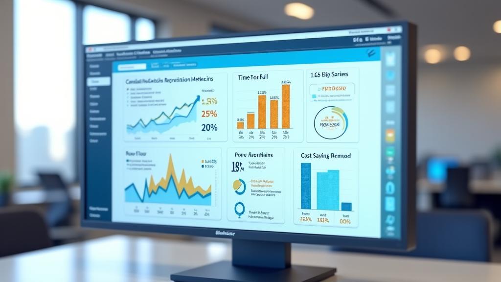 A dashboard with charts and graphs visually representing recruitment metrics like retention, time-to-fill, and cost savings, highlighting positive trends.